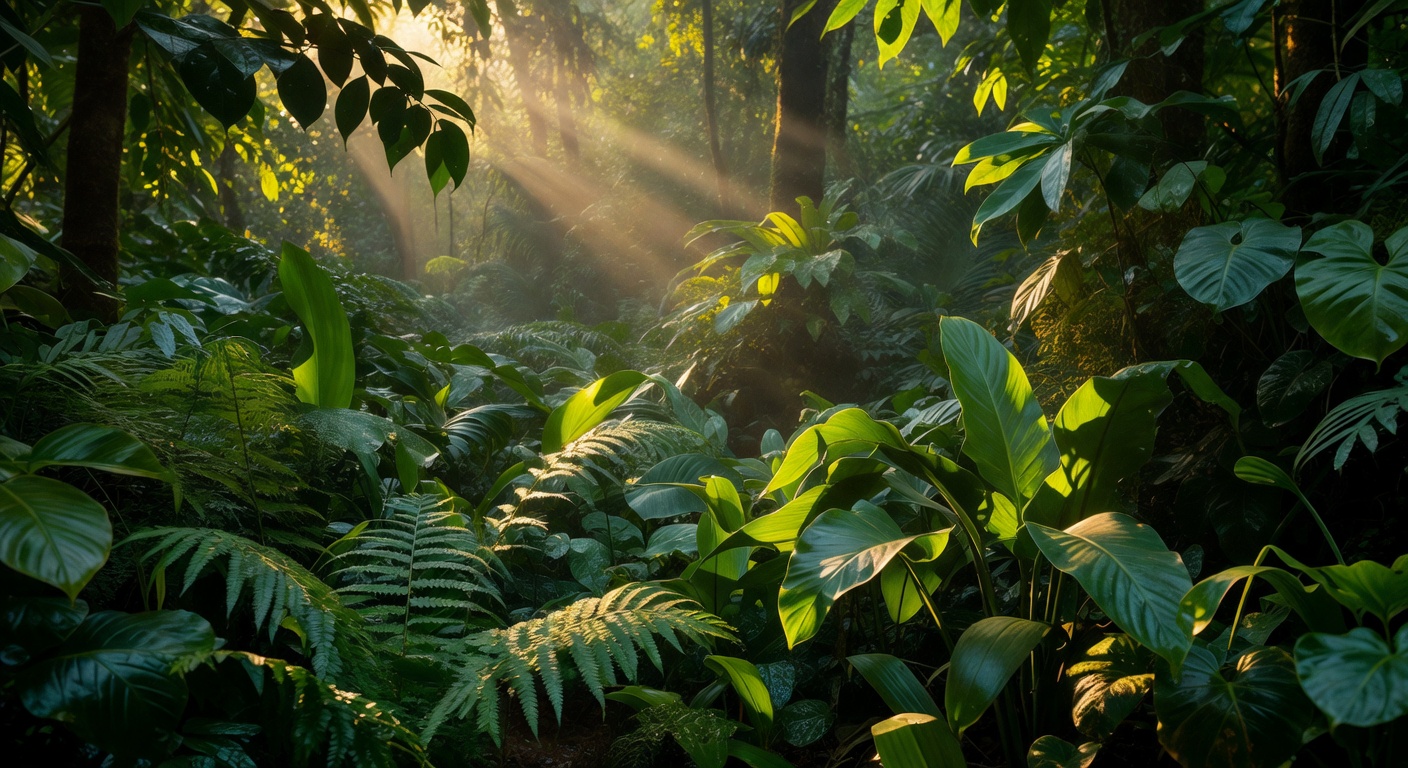 Lush green jungle leaves illuminated by warm sunlight rays